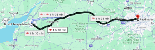 Bristol Temple Meads to London Paddington rail route on Google Maps