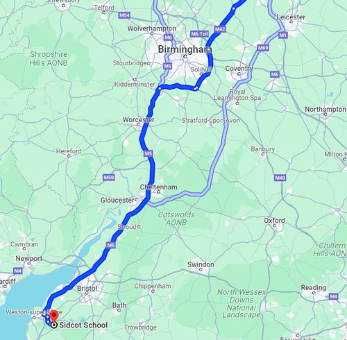 Route to Sidcot from the North on google maps
