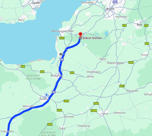Route to Sidcot from the South on google maps
