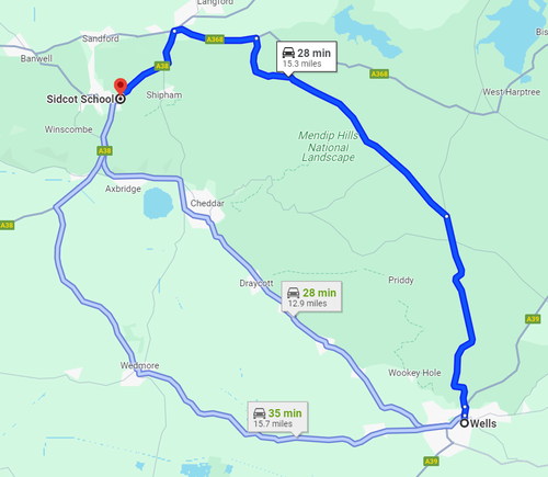 Routes to Sidcot from Wells on Google Maps