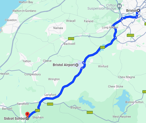 Sidcot to Bristol route on google maps